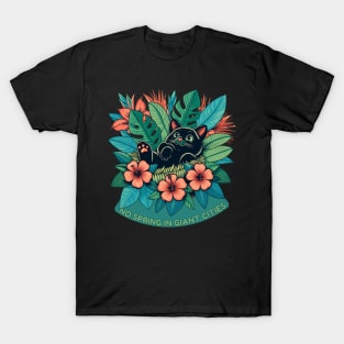 Black  Cat wondering about spring in giant cities. T-Shirt